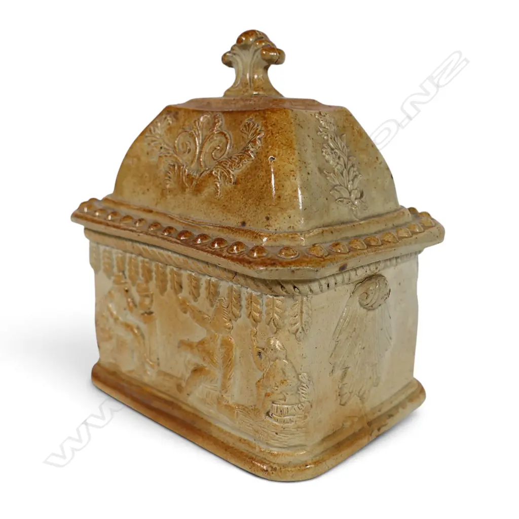 An early Victorian salt glazed Staffordshire lidded tobacco box, Image 1++