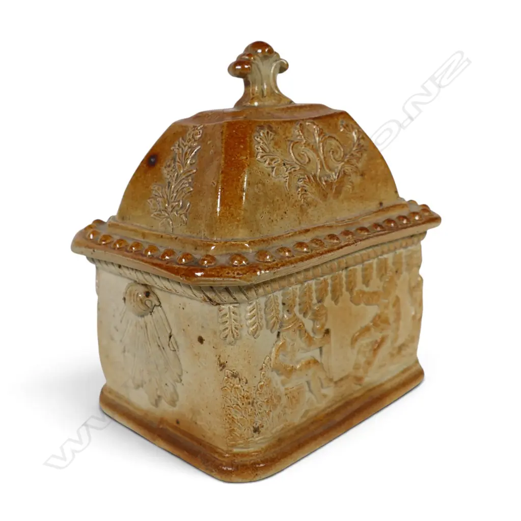 An early Victorian salt glazed Staffordshire lidded tobacco box, Image 1++