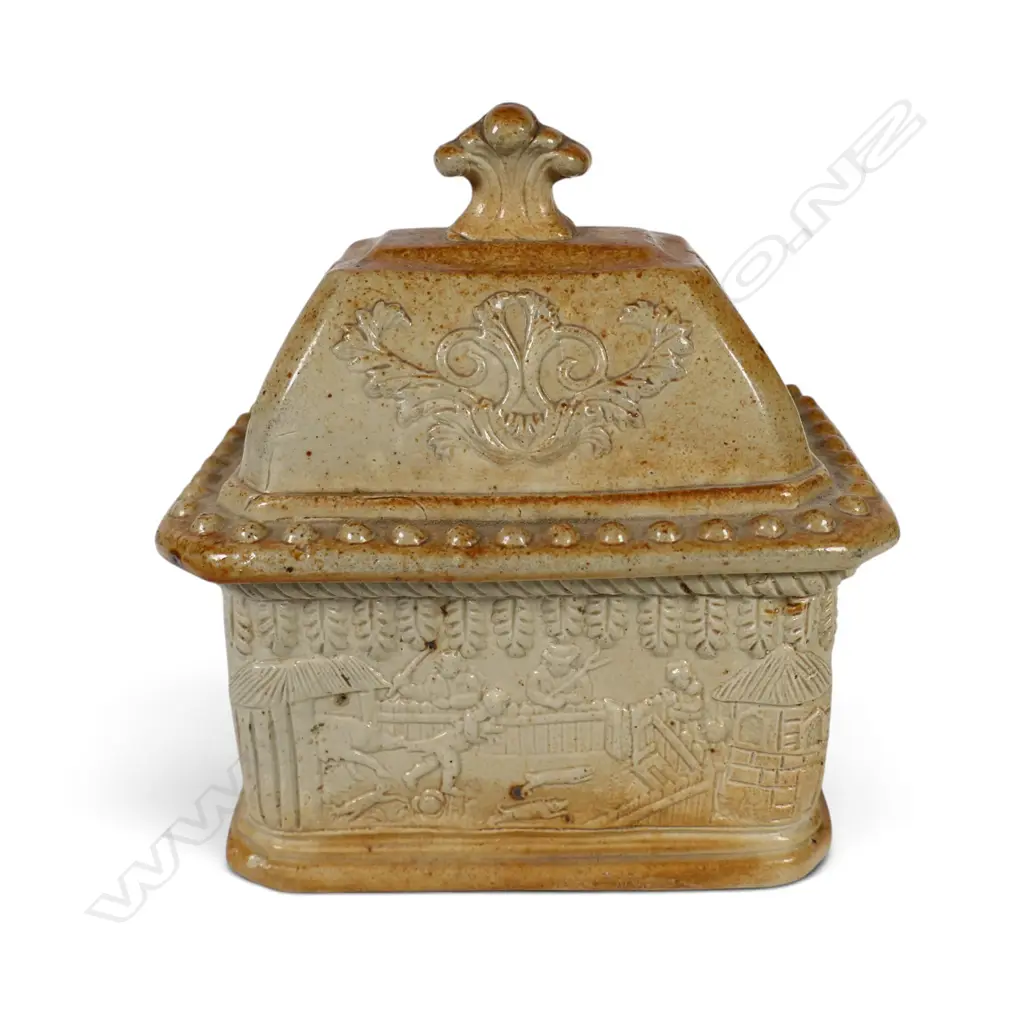 An early Victorian salt glazed Staffordshire lidded tobacco box, Image 1++
