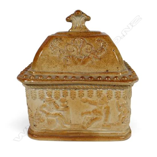 An early Victorian salt glazed Staffordshire lidded tobacco box,