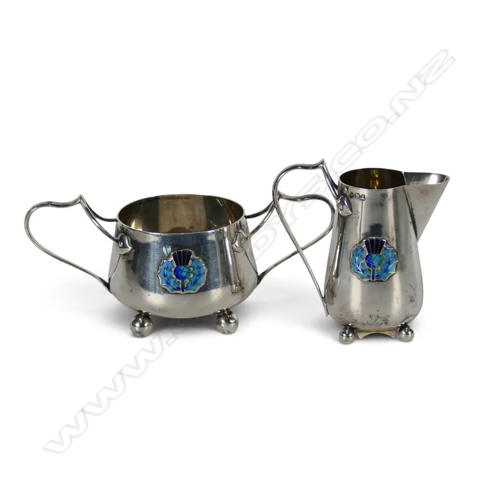 Arts and Crafts silver enamelled Edwardian sugar bowl and jug, Image 1++