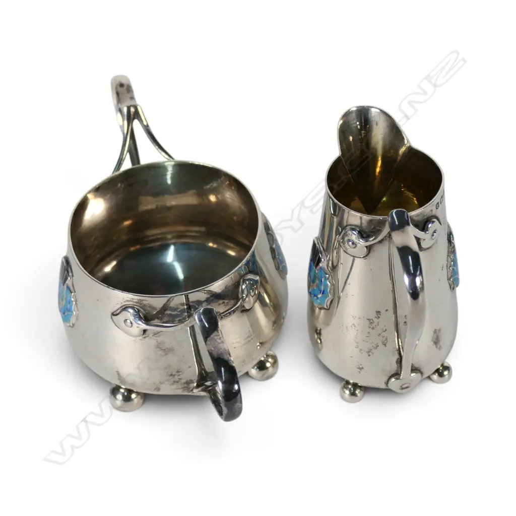 Arts and Crafts silver enamelled Edwardian sugar bowl and jug, Image 1++