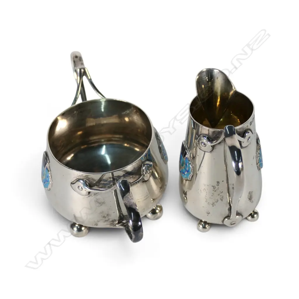 Arts and Crafts silver enamelled Edwardian sugar bowl and jug, Image 1++