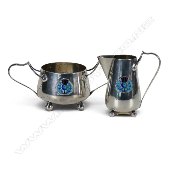 Arts and Crafts silver enamelled Edwardian sugar bowl and jug,