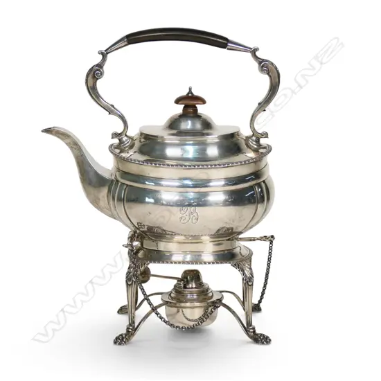 An Edwardian silver spirit kettle on stand,