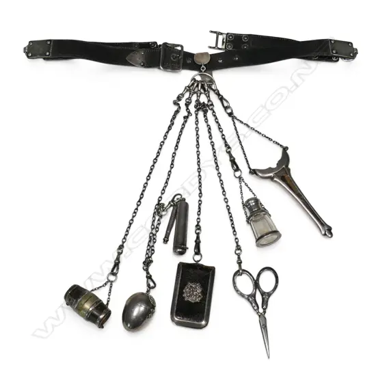 A Victorian silver and leather chatelaine,