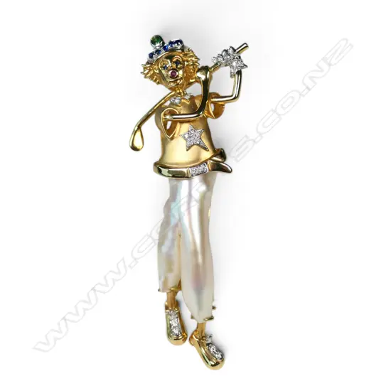 An impressive Yvel design 18ct gold long baroque pearl and diamond clown brooch,