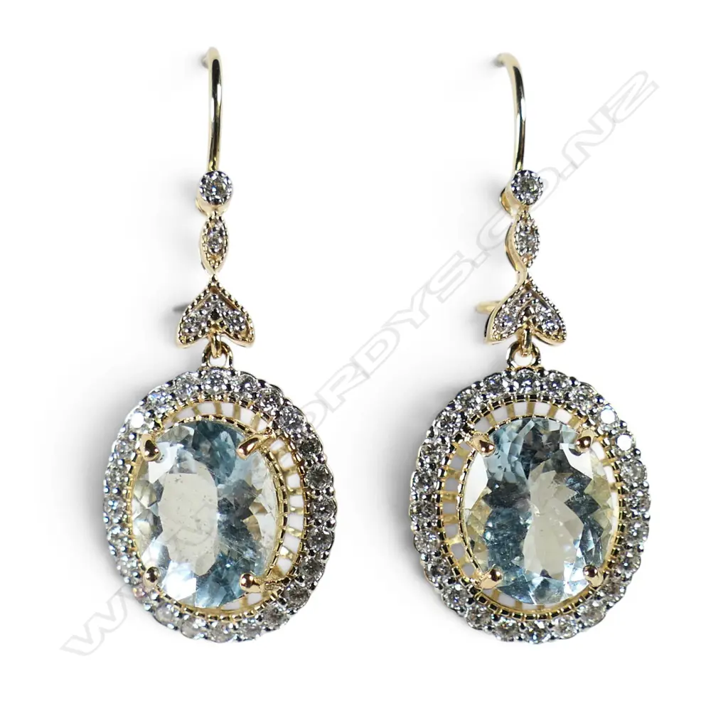 A pair of 14ct gold aquamarine and diamond halo drop earrings, Image 1++