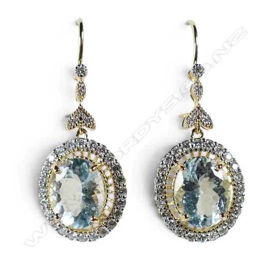 A pair of 14ct gold aquamarine and diamond halo drop earrings,