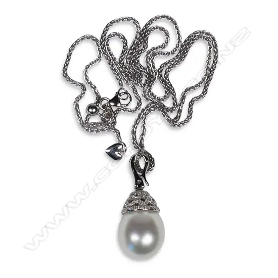 An 18ct gold diamond and Autore pearl drop pendant,