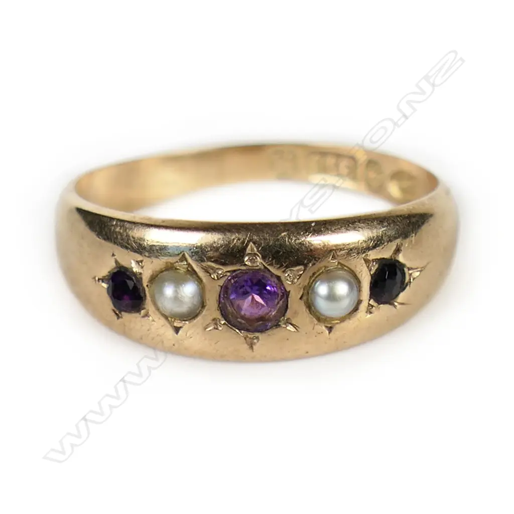 Victorian 9ct rose gold amethyst and seed pearl Gypsy ring, Image 1++