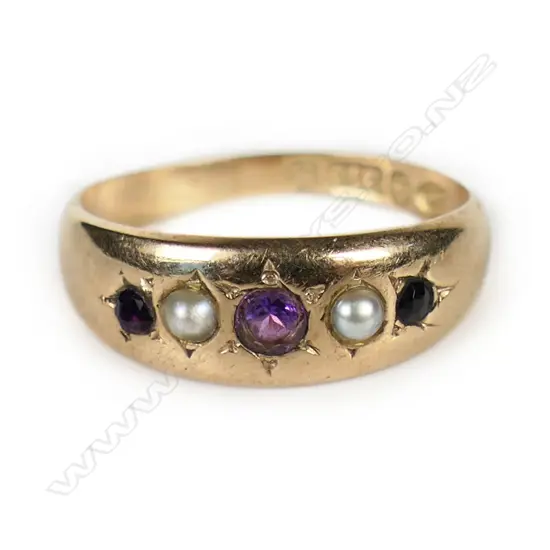 Victorian 9ct rose gold amethyst and seed pearl Gypsy ring,