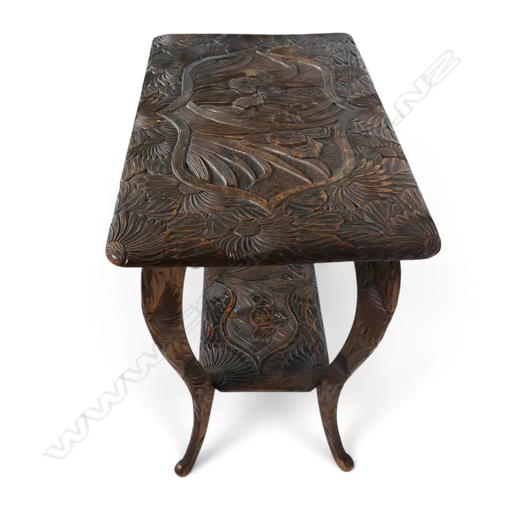 A c.1910 Japanese carved two tier side table, Image 1++