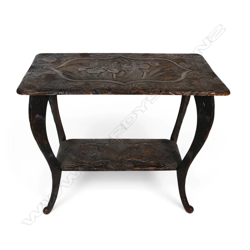 A c.1910 Japanese carved two tier side table, Image 1++
