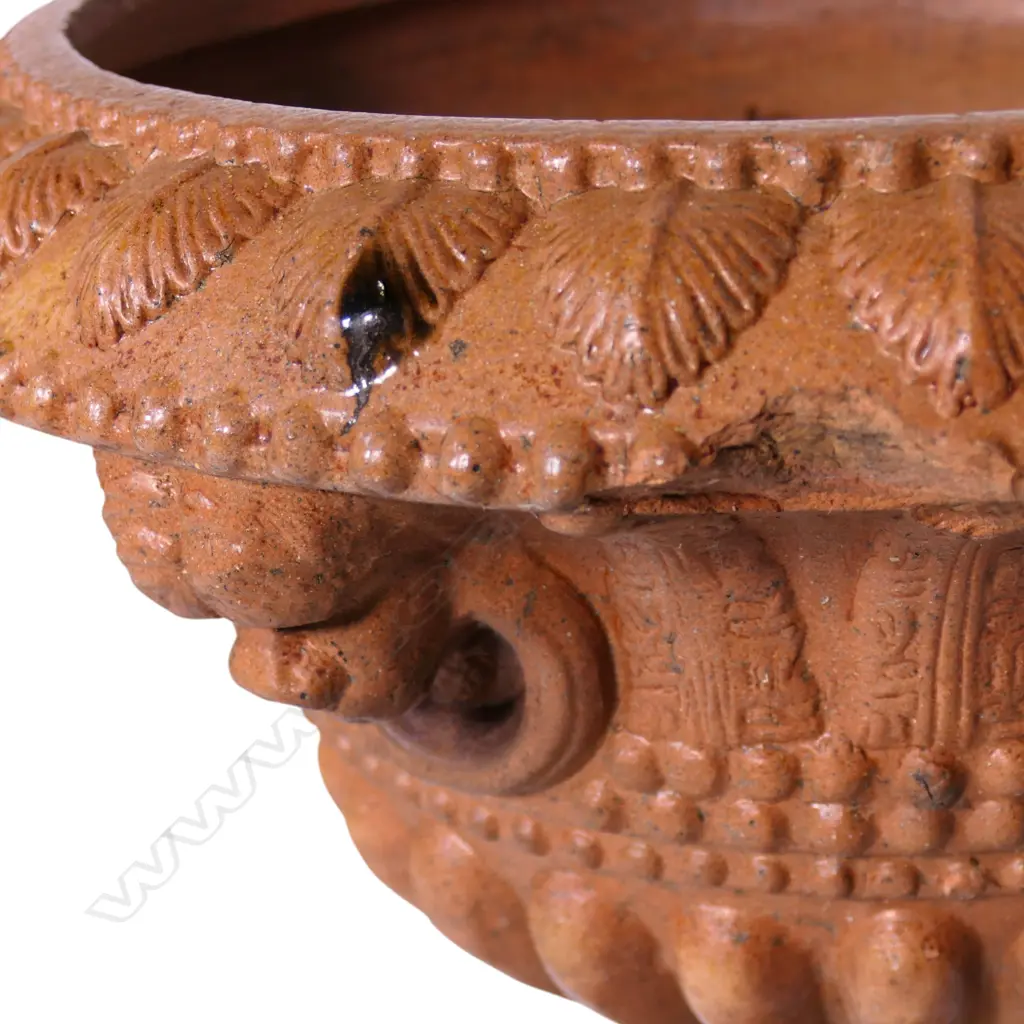 A pair of 19thC salt glaze terracotta garden urns, Image 1++