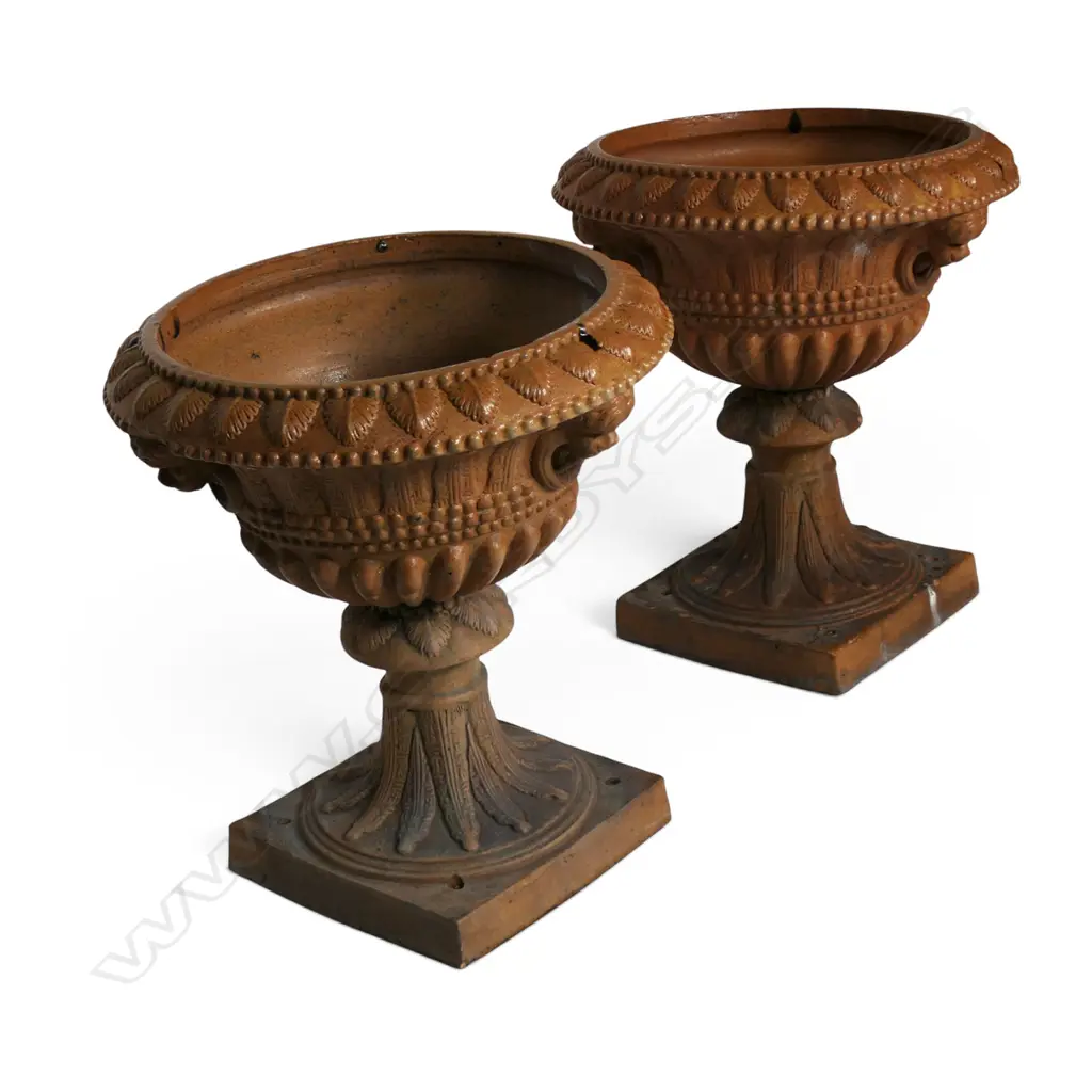 A pair of 19thC salt glaze terracotta garden urns, Image 1++