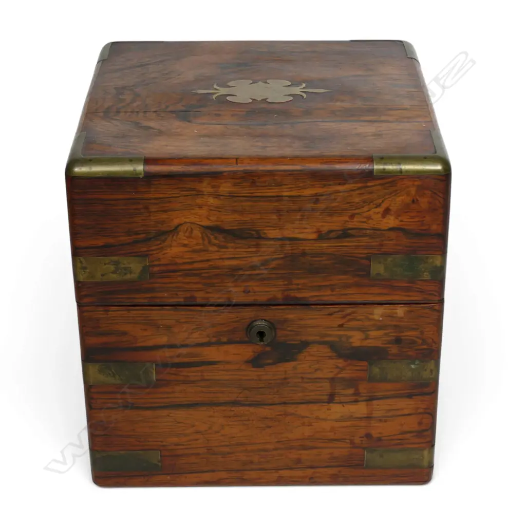 A quality early Victorian Rosewood and brass inlaid ship's four bottle tantalus, Image 1++