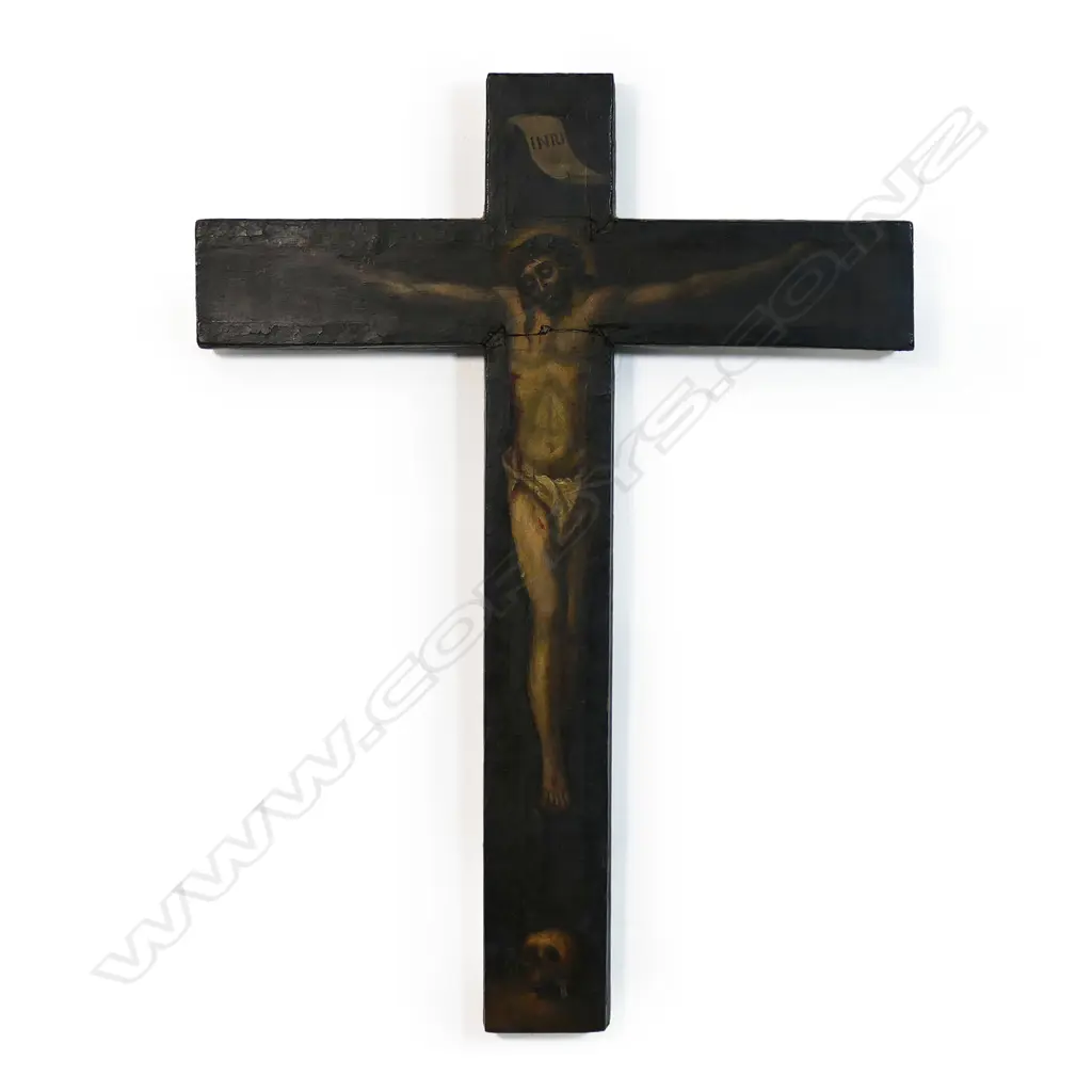 A Spanish hand painted rustic wooden crucifix, Image 1++