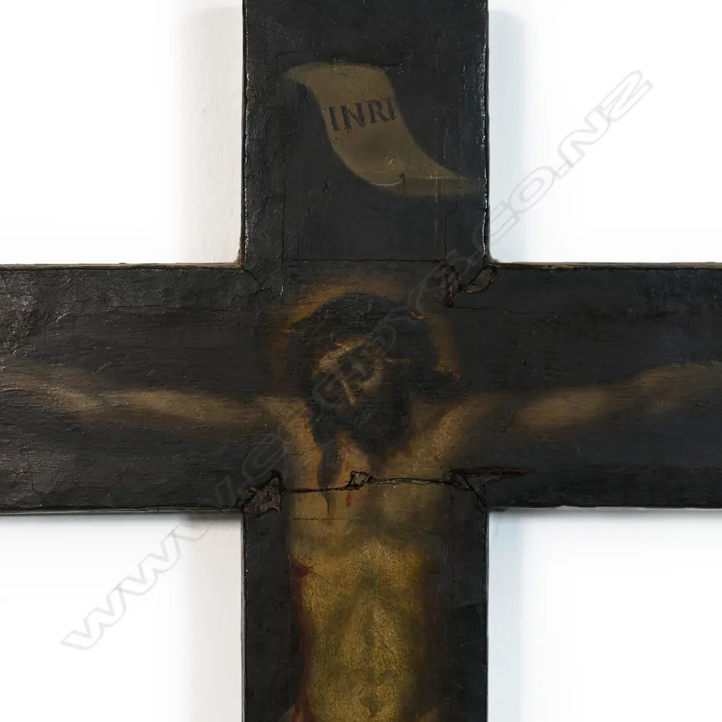 A Spanish hand painted rustic wooden crucifix, Image 1++