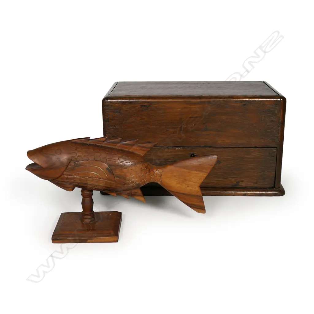 An early 20thC oak writing box and Pitcairn Island carved wooden fish, Image 1++