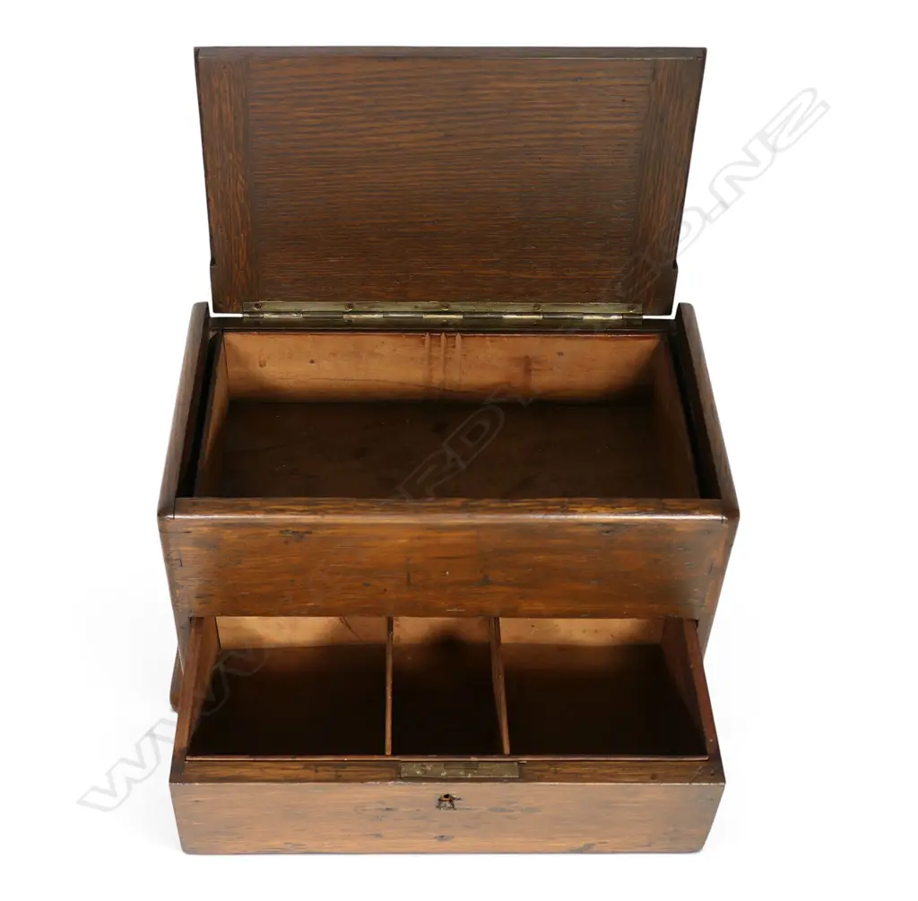 An early 20thC oak writing box and Pitcairn Island carved wooden fish, Image 1++