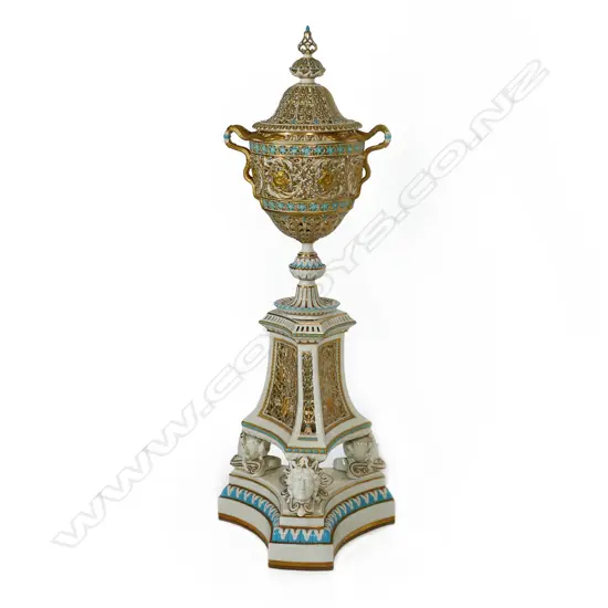 A rare and possibly unique Victorian Grainger Worcester reticulated porcelain exhibition pedestal vase,