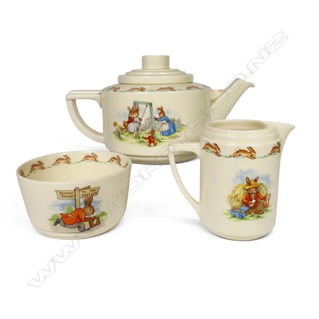 A rare Royal Doulton Bunnykins three piece tea set, Image 1++