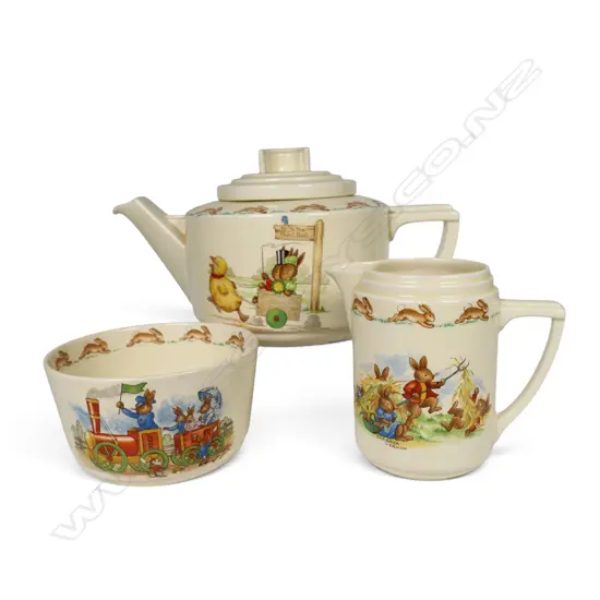 A rare Royal Doulton Bunnykins three piece tea set,