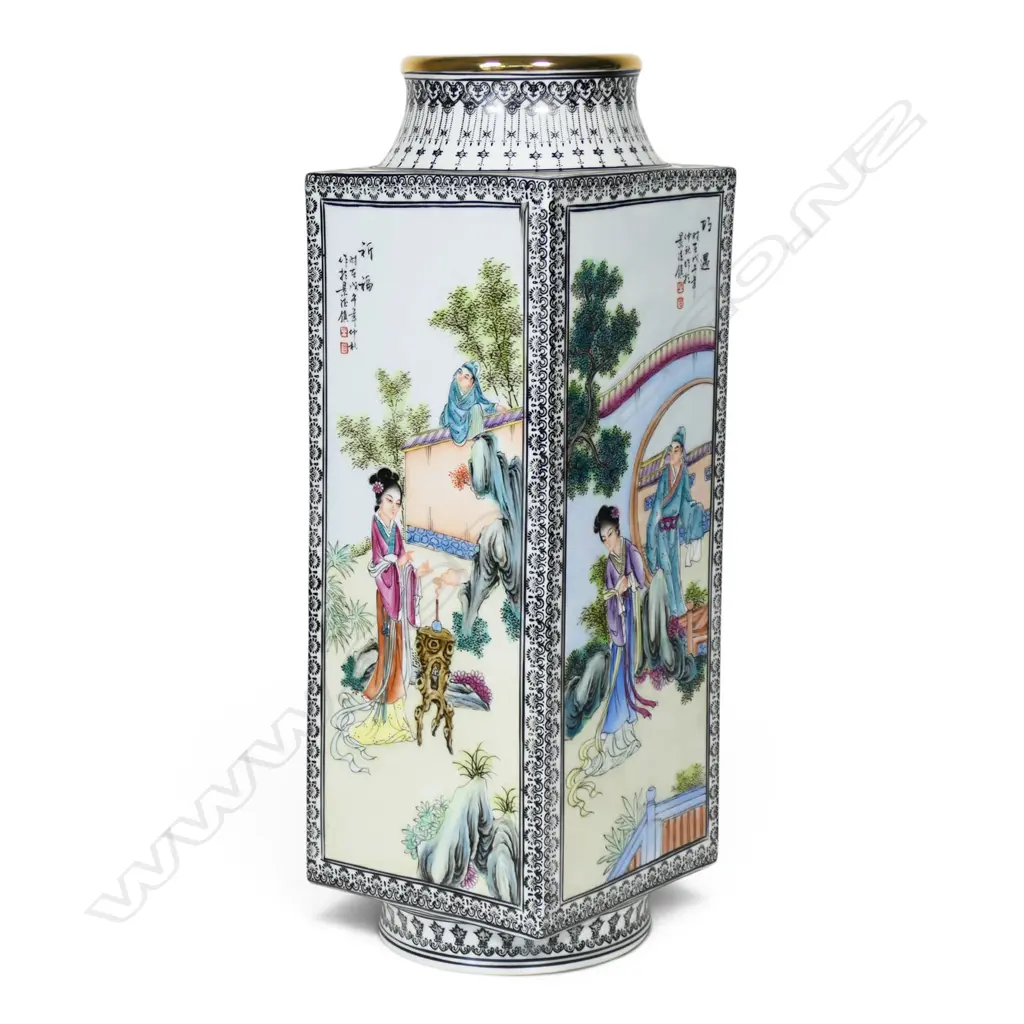 A late 20thC Chinese large square section famille rose glazed bottle vase, Image 1++