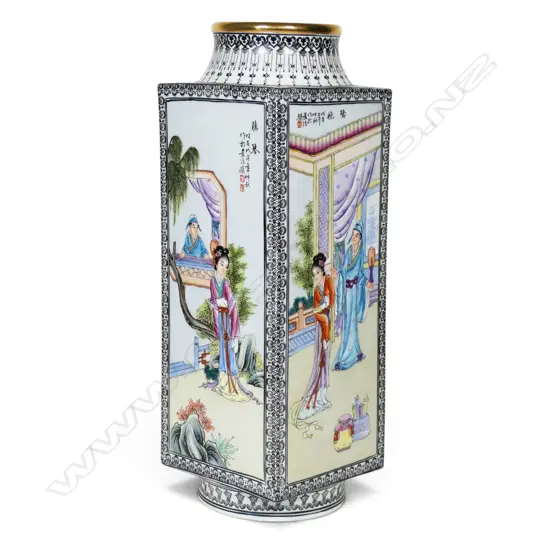 A late 20thC Chinese large square section famille rose glazed bottle vase,