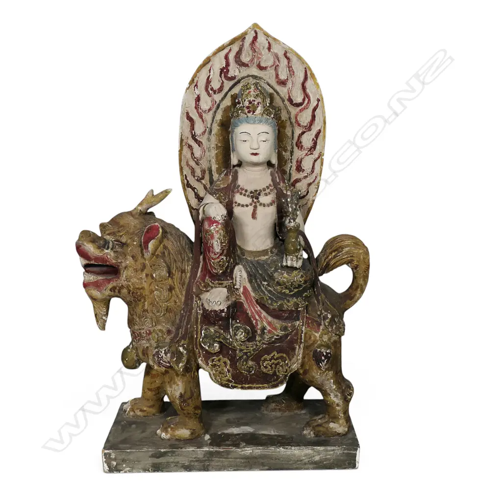 Chinese wood and gesso Buddha figure seated on mythological lion dog, Image 1++