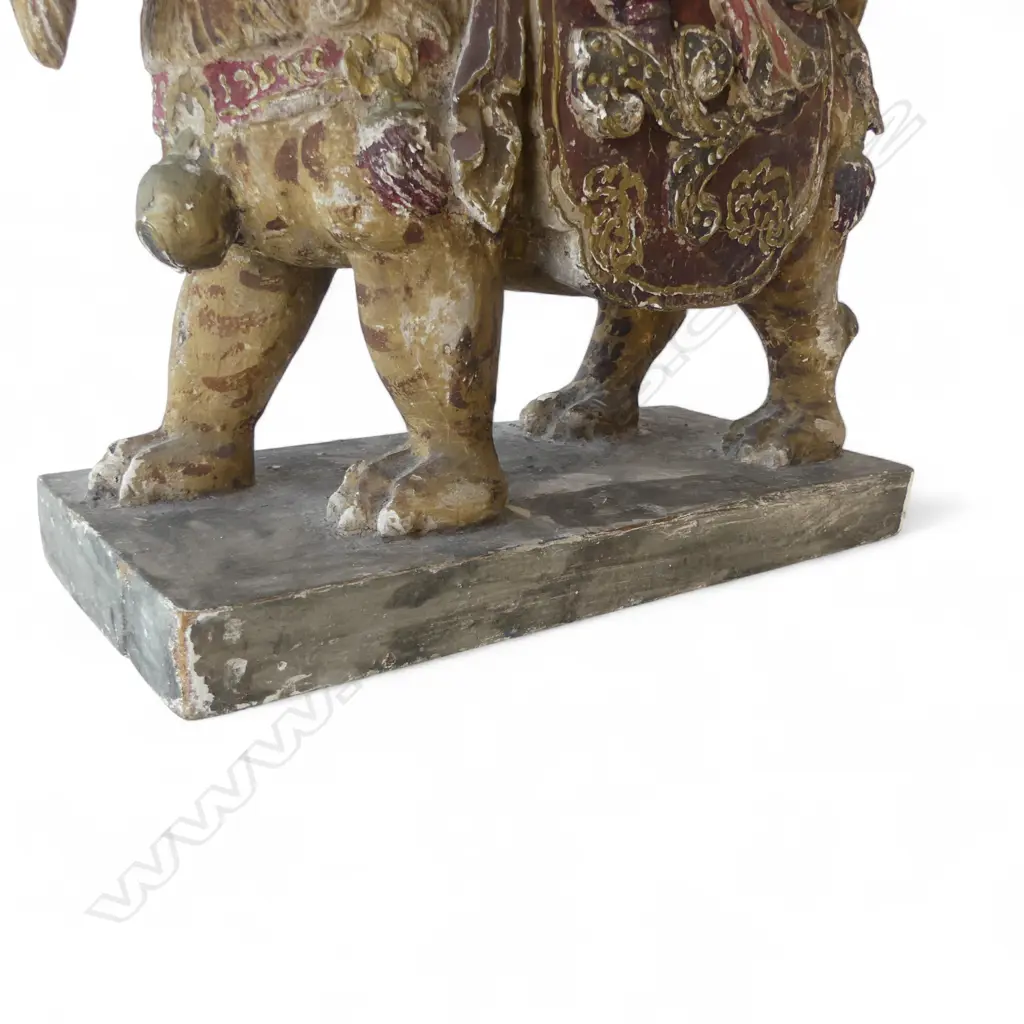 Chinese wood and gesso Buddha figure seated on mythological lion dog, Image 1++