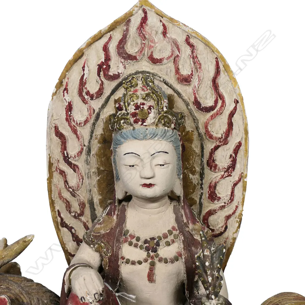 Chinese wood and gesso Buddha figure seated on mythological lion dog, Image 1++