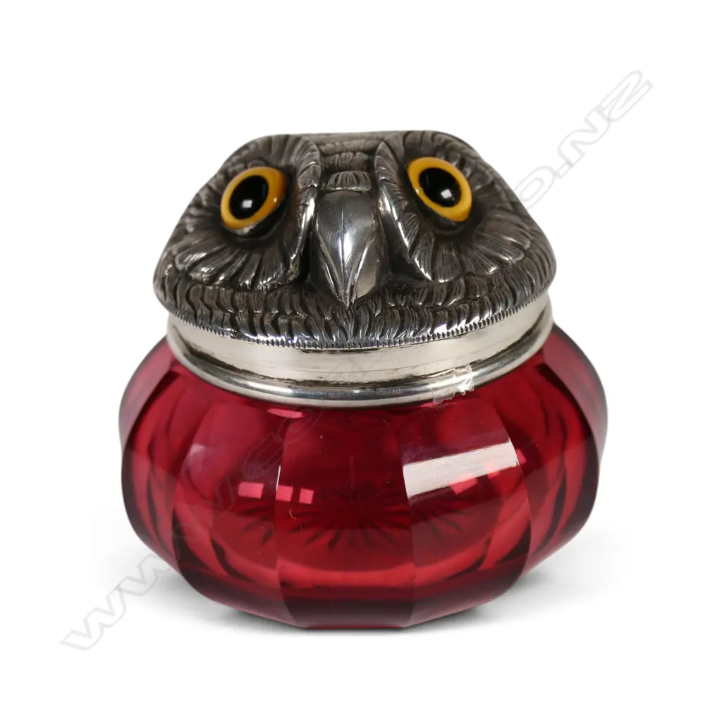 A rare novelty late Victorian silver and ruby glass owl powder jar, Image 1++