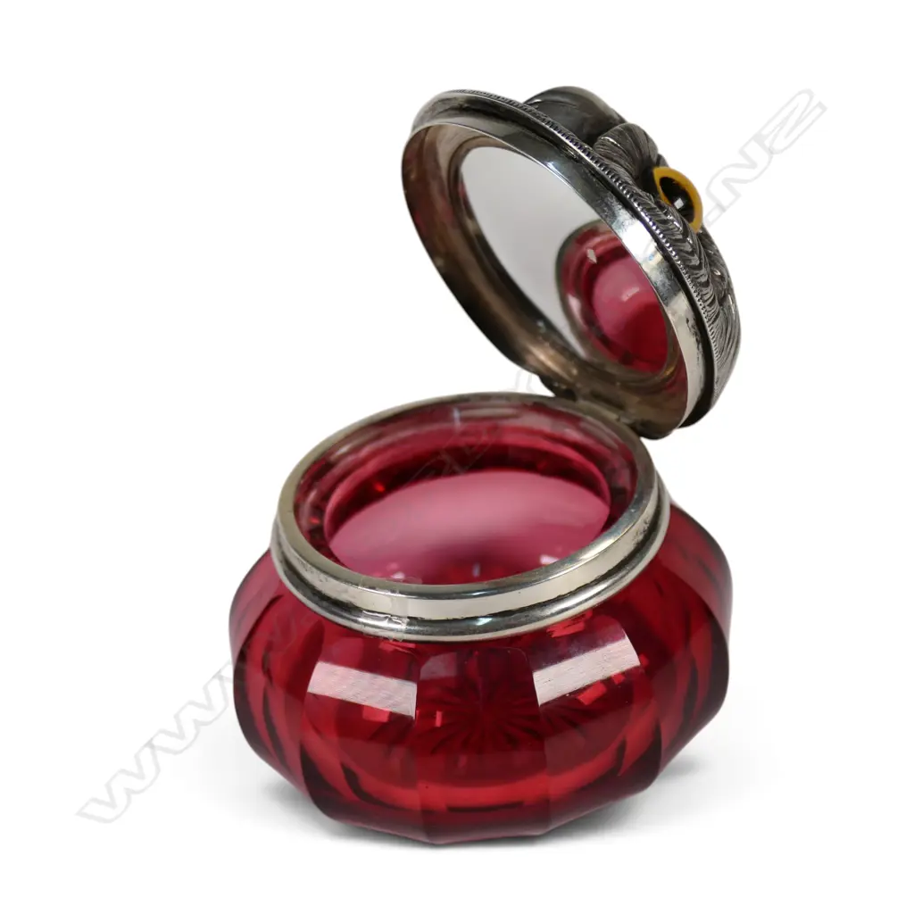 A rare novelty late Victorian silver and ruby glass owl powder jar, Image 1++