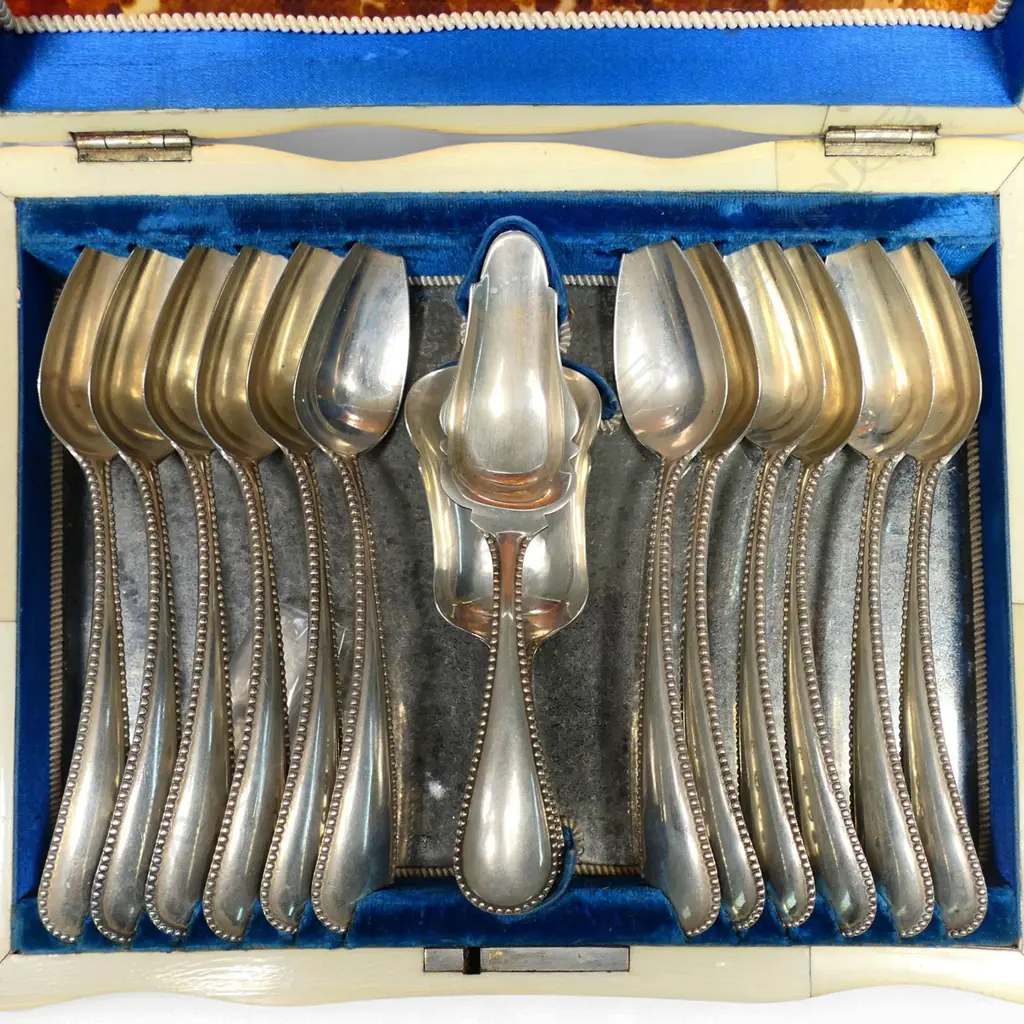 A quality 19thC faux tortoiseshell cased set of twelve 18thC Dutch silver teaspoons, Image 1++