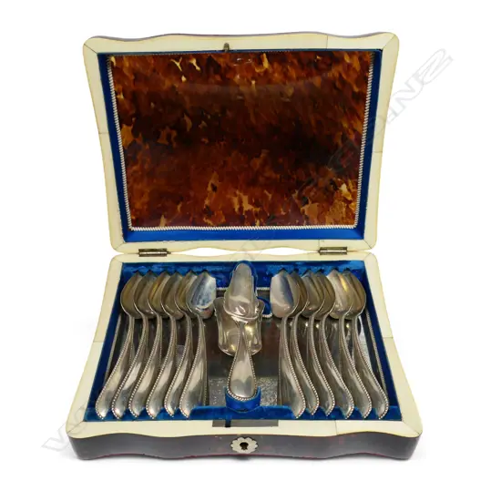 A quality 19thC faux tortoiseshell cased set of twelve 18thC Dutch silver teaspoons,