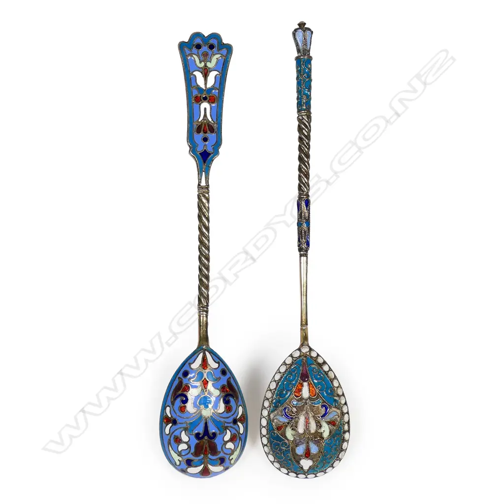 Two vintage Russian silver and enamelled spoons, Image 1++