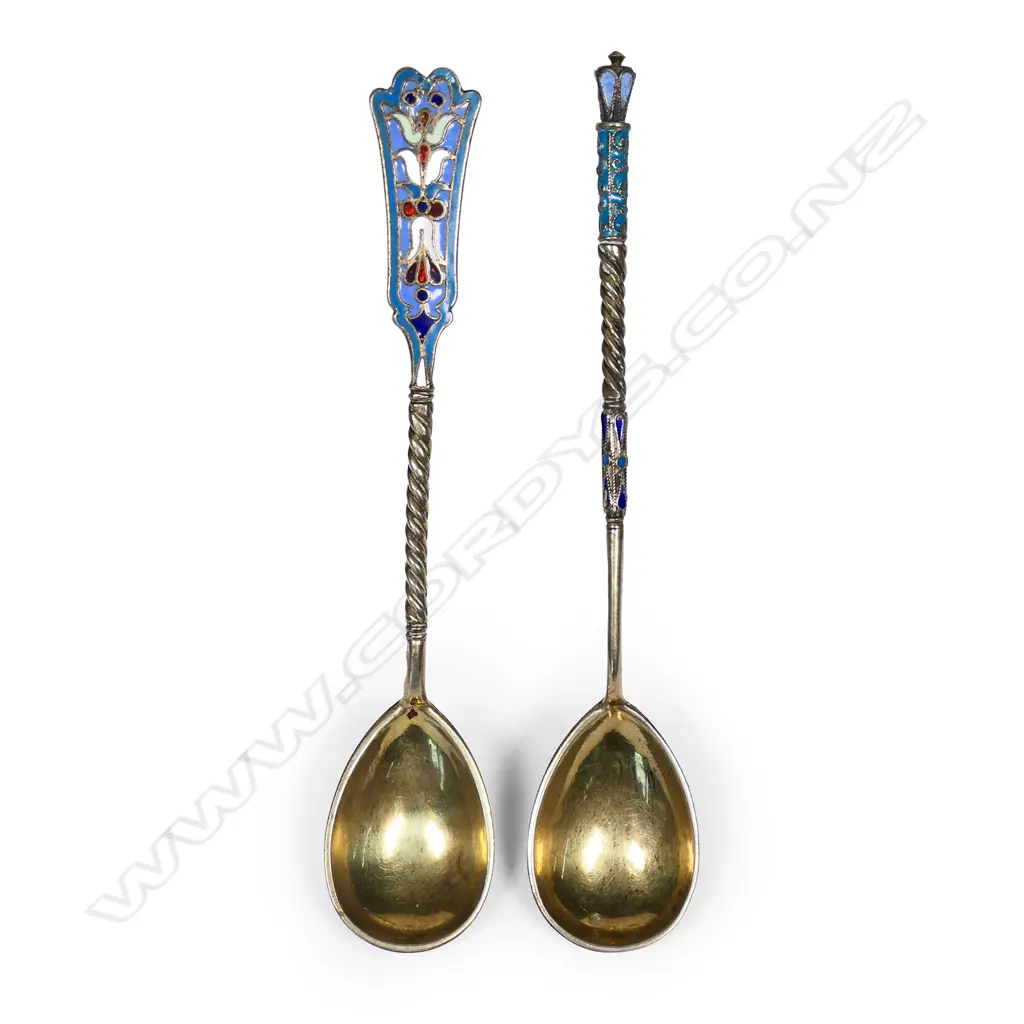 Two vintage Russian silver and enamelled spoons, Image 1++