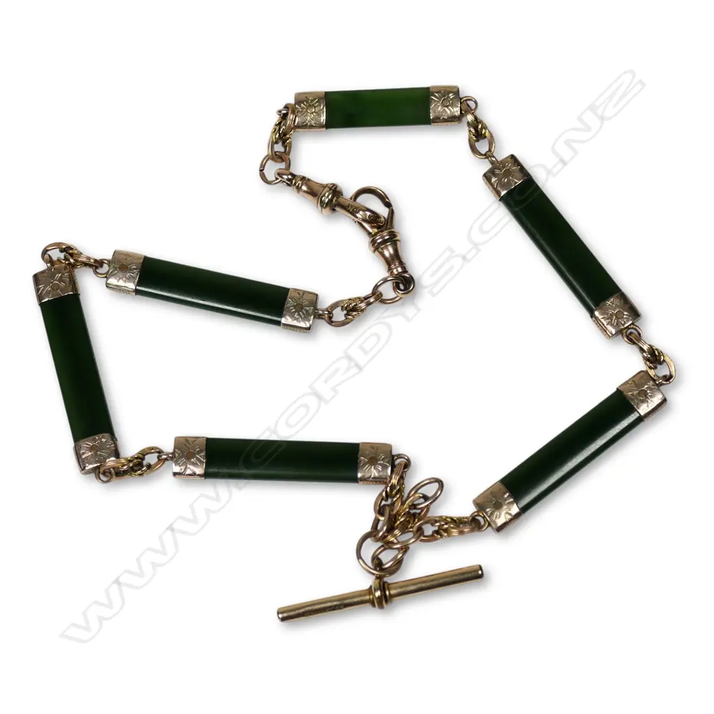 c.1900 9ct gold and pounamu Albert chain, Image 1++