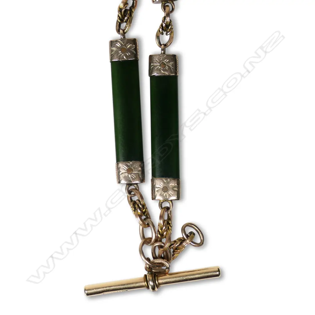 c.1900 9ct gold and pounamu Albert chain, Image 1++