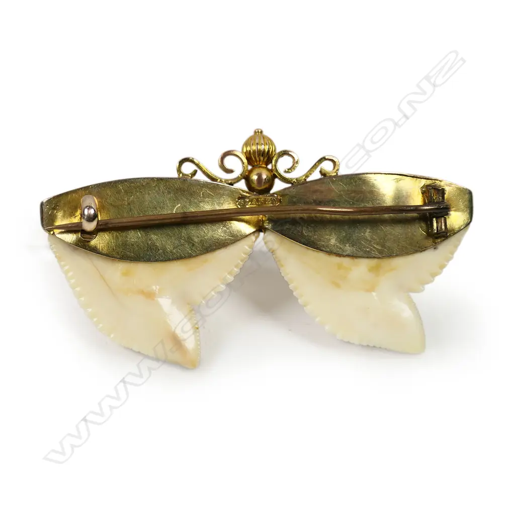 W. Slaney (NZ) 9ct gold and double shark's tooth butterfly brooch, Image 1++