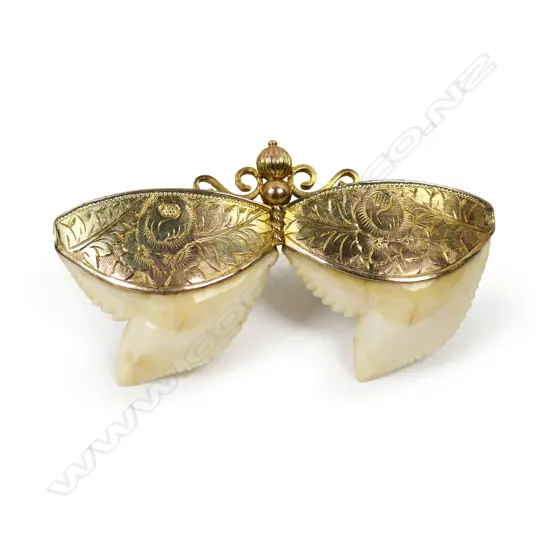 W. Slaney (NZ) 9ct gold and double shark's tooth butterfly brooch,