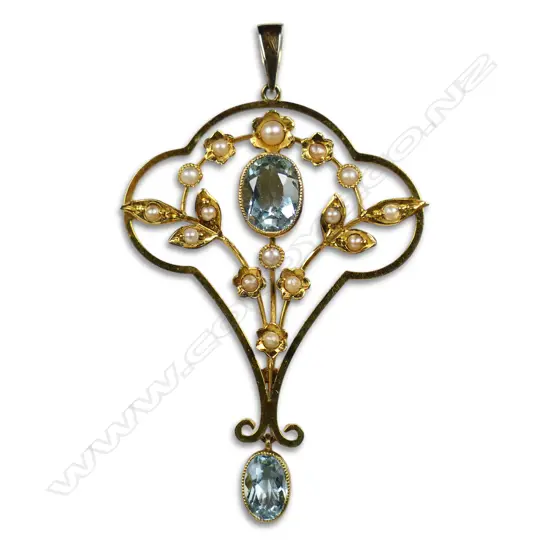 An Edwardian 15ct gold pearl and aquamarine pendant,