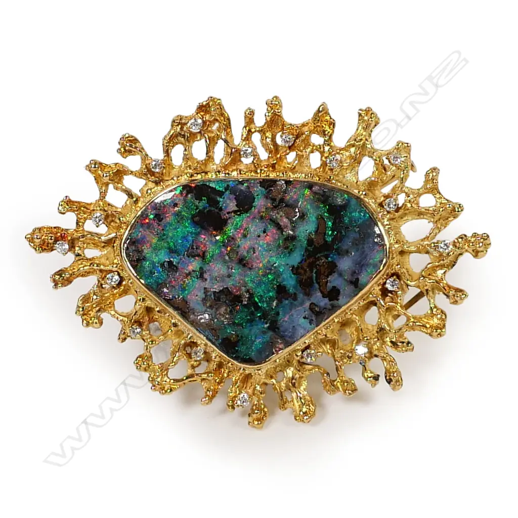 Attributed Arthur King (American Jeweller) 18ct yellow gold and boulder opal large pendant / brooch, Image 1++