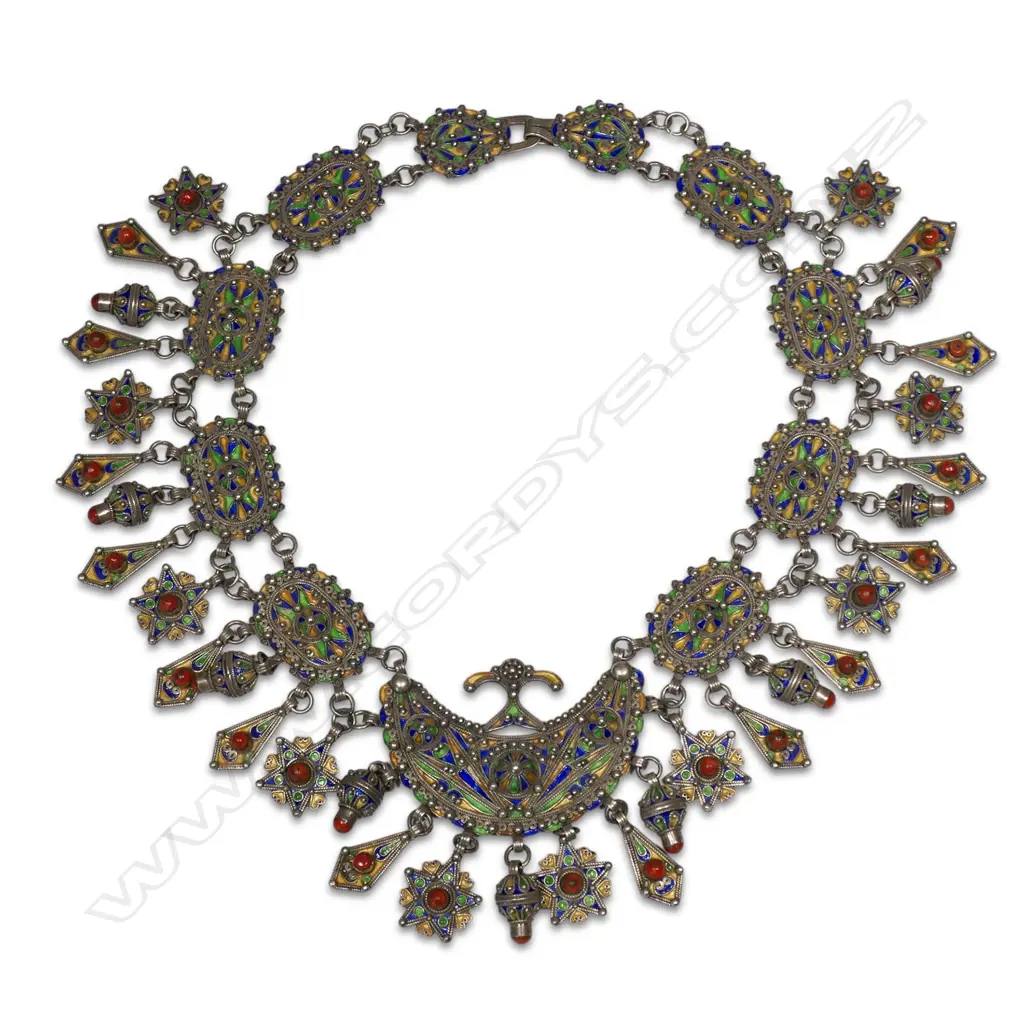 A large and impressive vintage Kabyle Berber (Algeria) silver red coral and enamel fancy necklace, Image 1++