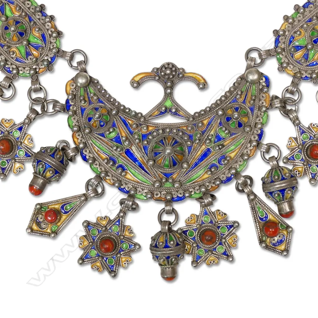 A large and impressive vintage Kabyle Berber (Algeria) silver red coral and enamel fancy necklace, Image 1++