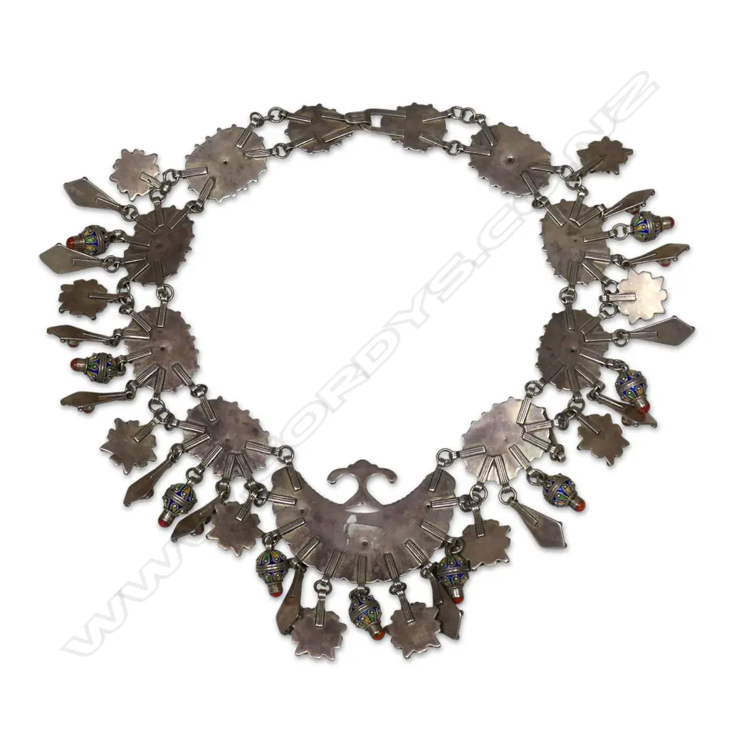 A large and impressive vintage Kabyle Berber (Algeria) silver red coral and enamel fancy necklace, Image 1++