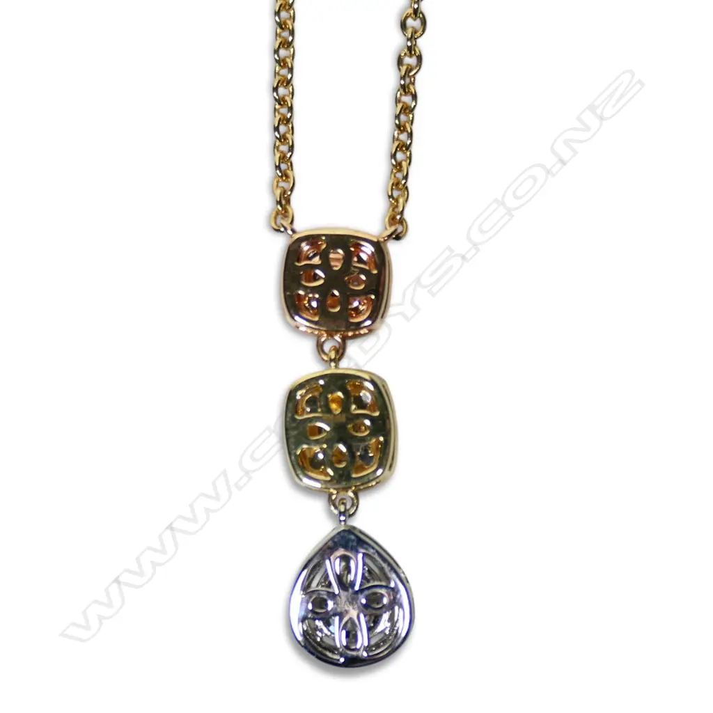 An 18ct white rose and yellow gold graduated shaped diamond drop necklace, Image 1++