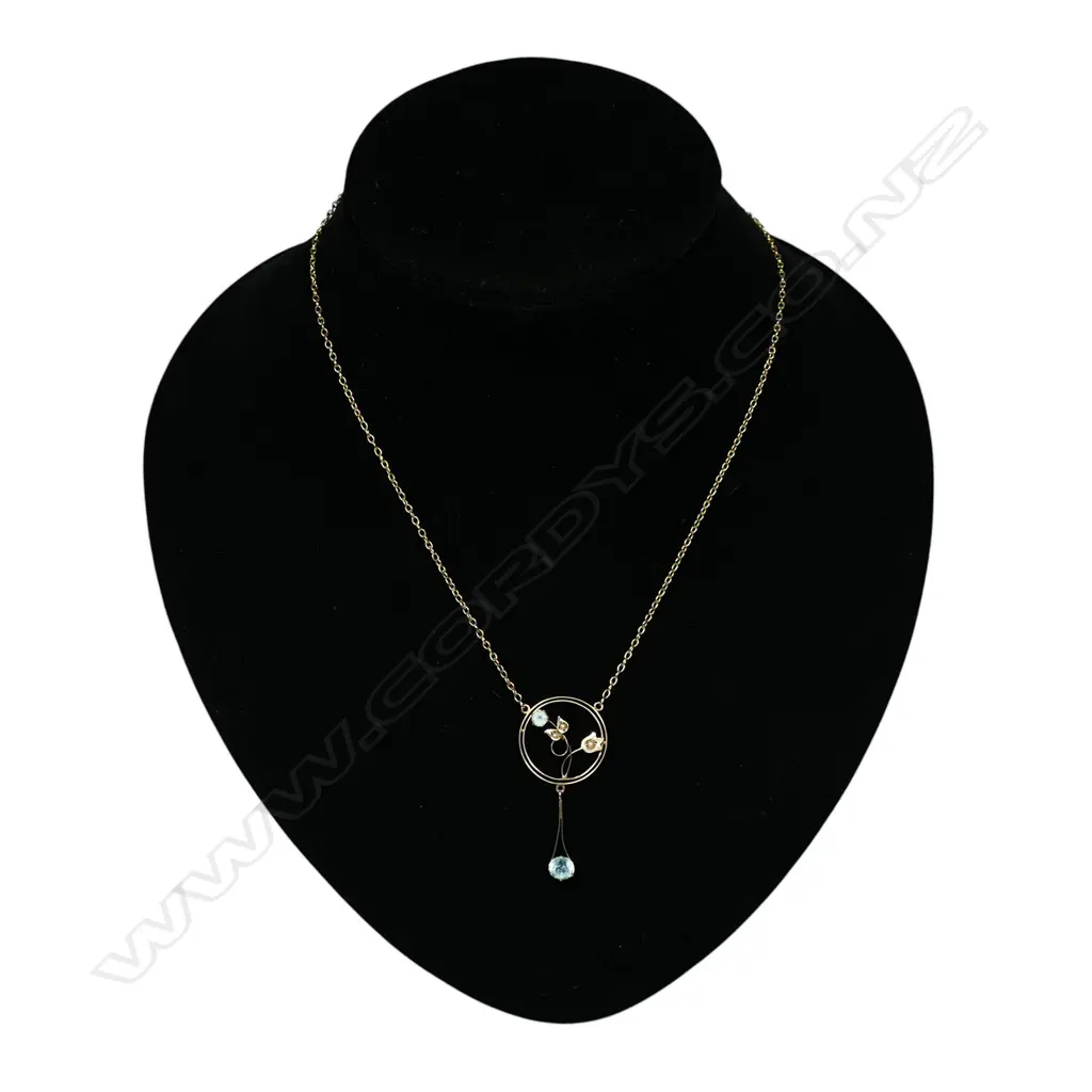 A c.1900 9ct gold and pale blue gem and pearl pendant necklace, Image 1++